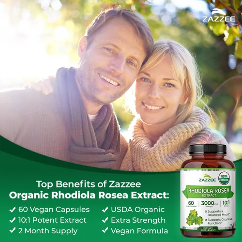 Vista 4 de Zazzee Extracto orgánico de Rhodiola 10:1 USDA, 60 cápsulas, suministro