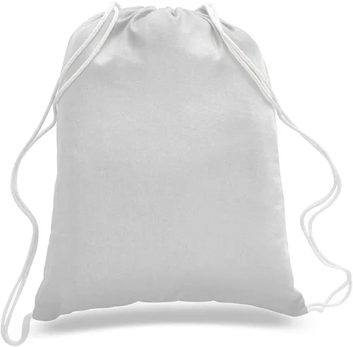 Vista 2 de ToteBagFactory Paquete de 6 mochilas de lona de algodón con cordón: blanco, liso, tela reutilizable, 14 pulgadas de ancho x 18 pulgadas de alto