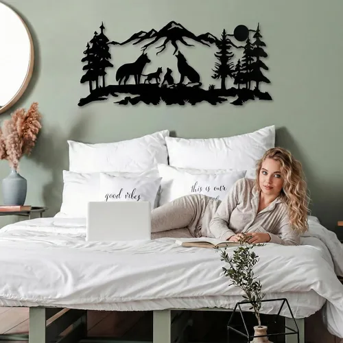 Vista 5 de DEKADRON Arte de pared de metal, arte familiar de lobos metálicos, arte de pared de naturaleza, lobo, montaña y árbol, decoración de pared de metal