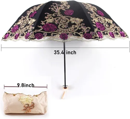Vista 33 de Honeystore Sombrilla bordada con flor 3D plegable UV con encaje clásico