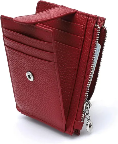 Vista 9 de Cartera delgada para mujer, de piel auténtica, tarjetero delgado con bloqueo RFID, carteras pequeñas