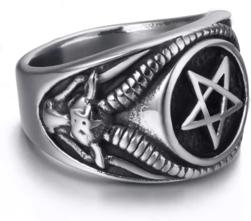 Vista 3 de Anillo de pentagrama Baphomet Cabra Satanás Demonio Diablo Hombres Anillos de Acero Inoxidable Joyería Vintage
