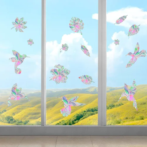 Vista 6 de NQEUEPN 60 calcomanías anticolisión para ventanas, diseño de prisma de arco iris, material de PVC, estilo vibrante, multicolor, reutilizables