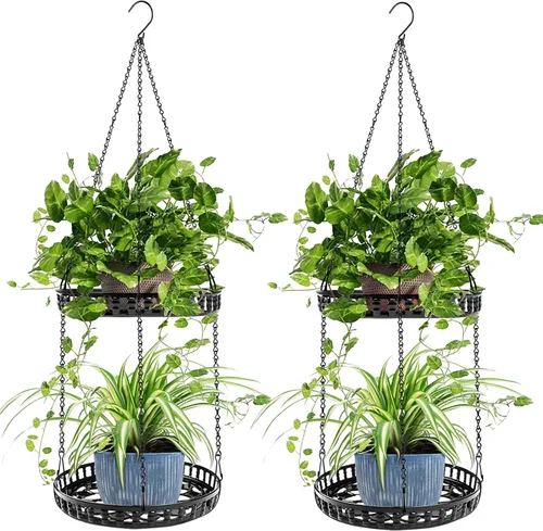 Vista 8 de Soporte para plantas colgantes para interior y exterior, estante para plantas colgantes de 2 niveles, soporte para plantas colgantes de metal