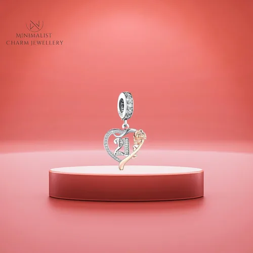 Vista 4 de Abalorio colgante de corazón con flor de plata de ley 925 de cumpleaños con corazón de cumpleaños apto para pulsera, Plata esterlina, Sin gemas.