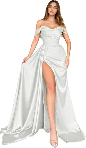 Vista 48 de Dream Wedding Vestidos de fiesta de satén con hombros descubiertos con Agua