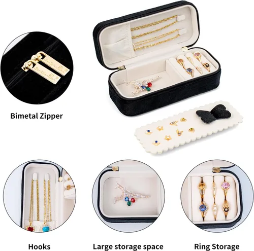 Vista 3 de SANQIANWAN Joyero de viaje de terciopelo de felpa para mujer, lujoso, esponjoso, portátil, pequeño, pequeño, joyero, para aretes, anillos, soporte