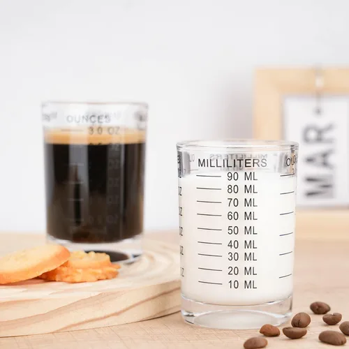 Vista 6 de Vaso de Medida de Chupito 3 onzas/90ML de Vidrio Pesado Líquido de Alta Calidad para Espresso, Copa Negra con Línea