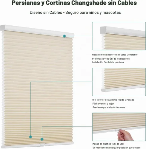 Vista 3 de Changshade Persianas celulares sin cordón, con diseño de panal de abeja, filtrantes de luz, plisadas, fáciles de instalar para ventanas interiores
