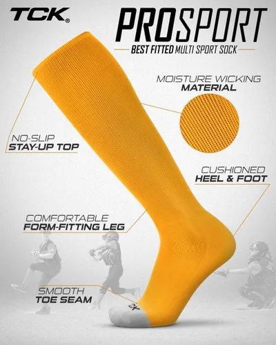 Vista 4 de TCK Prosport – Calcetines de tubo para béisbol, sóftbol, fútbol. Calcetines duraderos y con tecnología de absorción de humedad que cubren la Oro