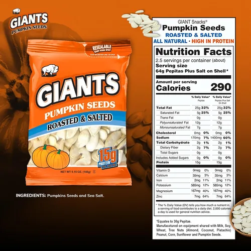 Vista 2 de GIANTS Semillas de Calabaza - Semillas de Calabaza con Cáscara, Semillas de Calabaza para Comer, Tostadas y Saladas, Semillas de Calabaza Enteras