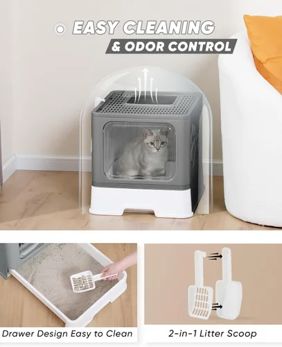 Vista 3 de Caja de Arena Cerrada para Gatos, Caja de Arena Grande para Gatos Grandes, Cajas de Arena Cubiertas para Gatitos con Tapa, Recinto de Caja