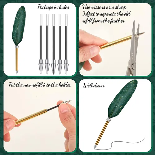 Vista 7 de Bolígrafo de plumas y soporte de bolígrafo de metal vintage, tinta negra, pluma de plumas vintage con 5 piezas de repuesto para boda, firma