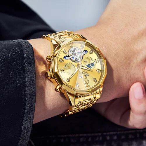 Vista 63 de OLEVS Reloj de pulsera automático con diseño de esqueleto para hombre, de lujo, con diamantes de lujo, de acero inoxidable, calendario, reloj