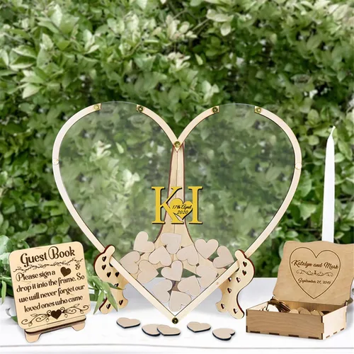 Vista 20 de Libro alternativo de corazón personalizado para libro de invitados con 30 a 100 corazones de madera, caja de madera personalizada para decoración