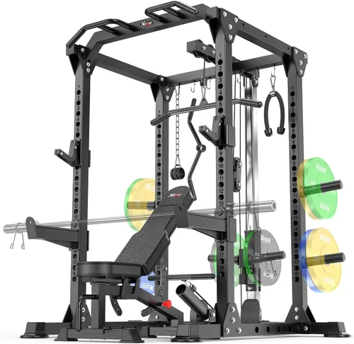 Vista 21 de Power Cage - Rack de Potencia Multifunción con Sistema de Cruce de Cables, Rack para Sentadillas de Capacidad de 1800 LBS con Banco de Pesas