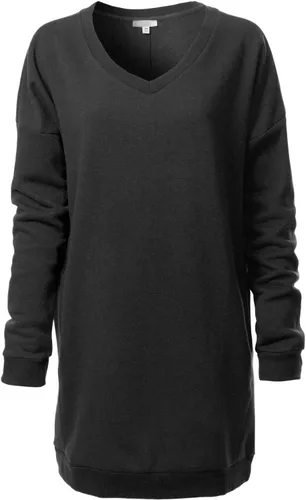 Vista 8 de MixMatchy Sudadera casual de forro polar con cuello en V para mujer, manga larga, túnica para otoño e invierno Negro (cuello redondo)