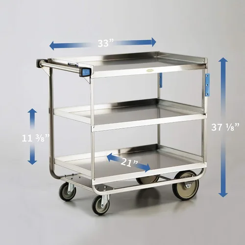Vista 3 de Lakeside Manufacturing Carrito utilitario 744, acero inoxidable, 3 estantes, capacidad de 700 lb (totalmente montado)