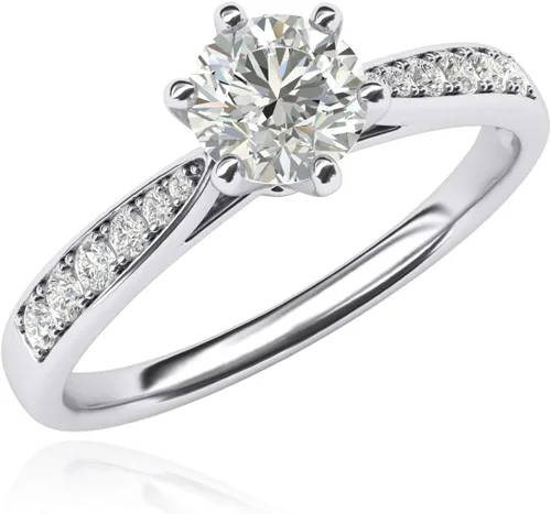 Vista 2 de Anillo de compromiso de oro blanco de 14 k de 1,0 quilates clásico de 6 puntas de diamante simulado con piedras laterales graduadas