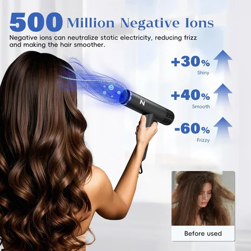 Vista 3 de Secador de Pelo Iónico Profesional Natrial con Difusor para Cabello Rizado, Secador de Soplado de Alta Velocidad de 1600W y 110000RPM para Mujeres