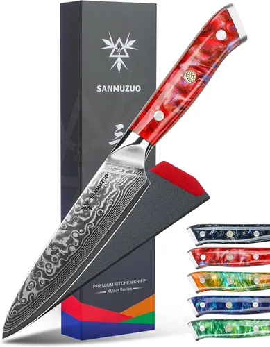 Vista 6 de Cuchillo utilitario de cocina de 5 pulgadas, cuchillos de cocina de la serie Xuan, acero de damasco VG10 con mango de resina (naranja fantasía)
