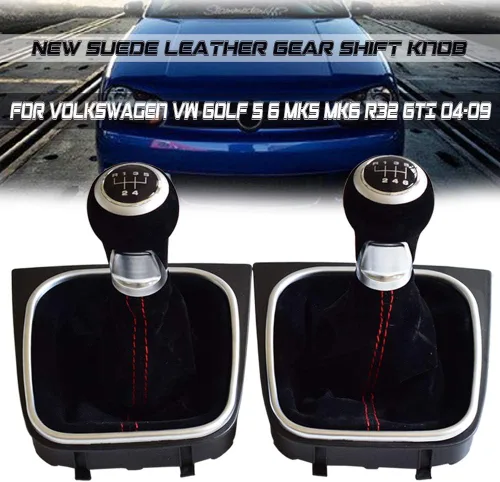 Vista 2 de Pomo para palanca de cambio de coche, funda protectora contra el polvo, para VW Golf 5 6 MK5MK6 R32 GTI 04-09, rojo y negro, de ante suave (negro)
