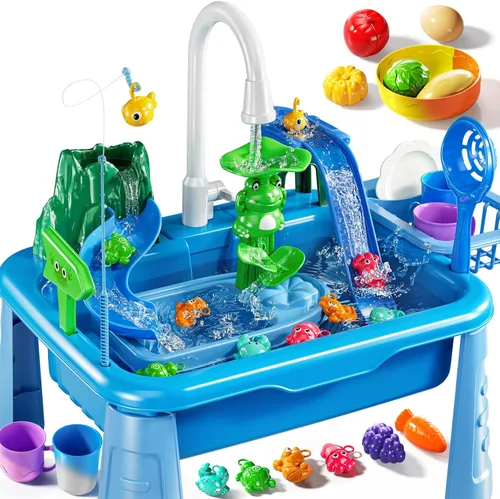 Vista 9 de JUKUDAHU Mesa de Juego de Agua y Fregadero de Juguetes para Niños de 2 3 4 5 6 Años de Edad - Cocina al Aire Libre con Agua Corriente