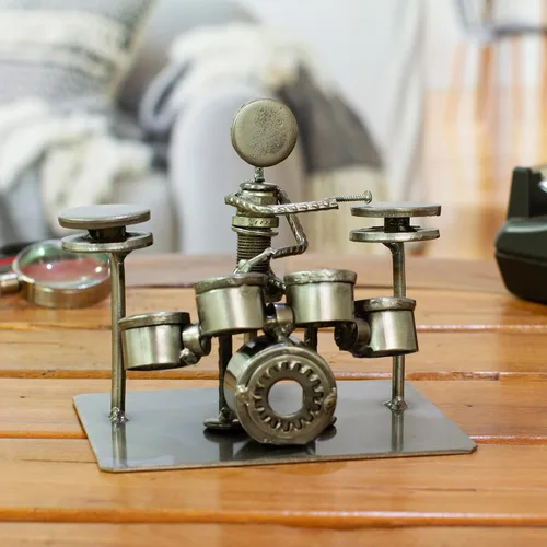 Vista 5 de NOVICA Estatuilla rústica del músico de las piezas de automóvil recicladas, 'Rustic Drummer