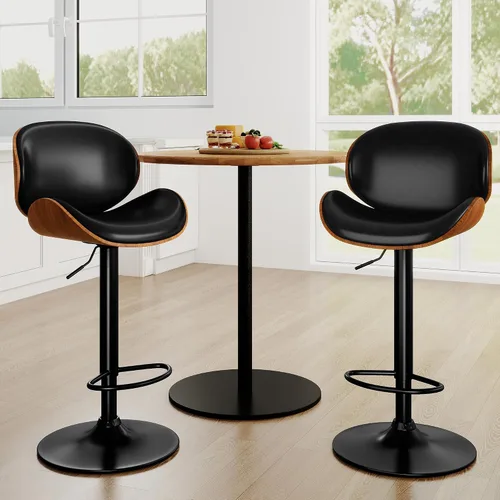 Vista 8 de Juego de 2 taburetes de bar ajustables giratorios de 360°, sillas de bar tapizadas de piel sintética con reposapiés, taburetes de madera para Negro