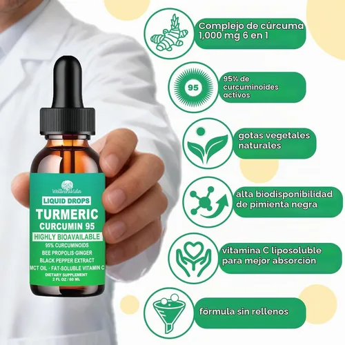 Vista 4 de Suplemento de curcumina de cúrcuma, cúrcuma líquida con pimienta negra y Absorción máxima del 95% de curcuminoides, curcumina de cúrcuma 1000 mg