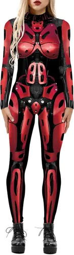 Vista 6 de Enterizo de mujer con estampado de esqueleto de robot mecánico 3D para Halloween, disfraz de cosplay