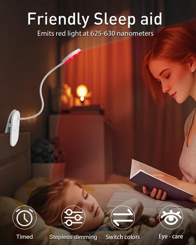 Vista 2 de Diomart Luz roja del libro, clip recargable en la luz LED 625nm para la lectura Temporizador, ayuda para dormir con luz roja, lámpara de noche