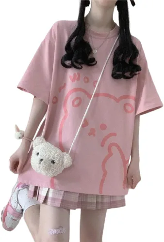 Vista 2 de Camiseta japonesa Kawaii con estampado de oso de dibujos animados para mujer, linda camiseta suelta para niña, color rosa, Rosado