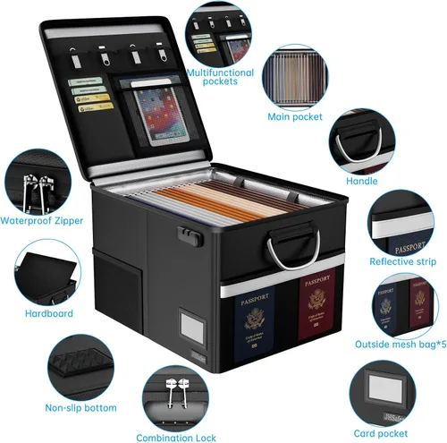 Vista 7 de Caja de documentos ignífuga de 5200 ℉ con cerradura, organizador de archivos impermeable con asa, archivador plegable portátil con tira reflectante