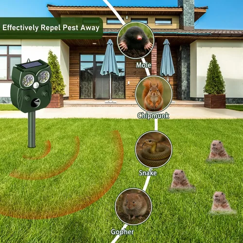 Vista 2 de Repelente de animales para exteriores, alimentado por energía solar, ultrasónico, ciervo, ardilla, conejo, roedor, disuasorio de perros, repelente