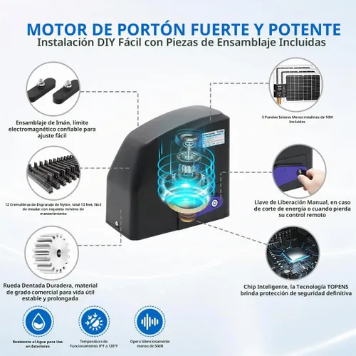 Vista 4 de TOPENS DKR500ST - Abridor automático de puerta corredera solar con accionamiento de cremallera, motor de puerta para puertas corredizas pesadas