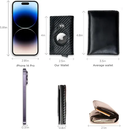 Vista 6 de Cartera para hombre Tarjetero de fibra de carbono y llavero AirTag de metal, billetera delgada, cierre magnético y seguridad RFID, Fibra de carbono