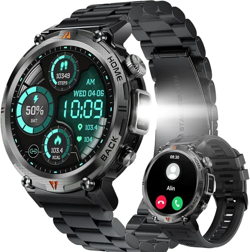 Vista 9 de Reloj inteligente militar para hombres con linterna LED 1.45 "HD Bluetooth