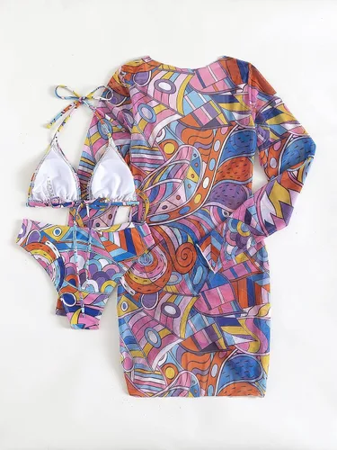 Vista 2 de SOLY HUX Traje de baño de 3 piezas para mujer con estampado de triángulo halter