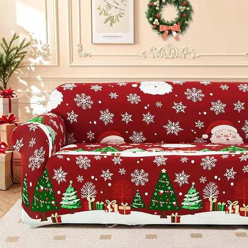 Vista 9 de Mybedsoul Funda de sofá elástica con estampado navideño de Papá Noel, lavable a máquina, temática navideña, color rojo, para sala de estar