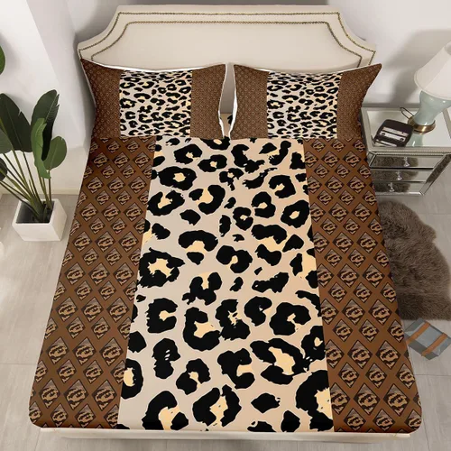 Vista 2 de Erosebridal Sábanas de cama de guepardo, sábana bajera con estampado de leopardo, tamaño individual, sábanas de rayas marrones, funda de cama