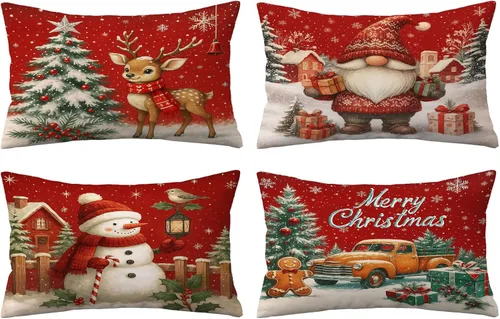 Vista 26 de Fundas de Almohada Feliz Navidad 12x12 Juego de 4 Fundas de Almohada de Terciopelo de Navidad Rosa Navidad Invierno Vacaciones Fundas de Almohada