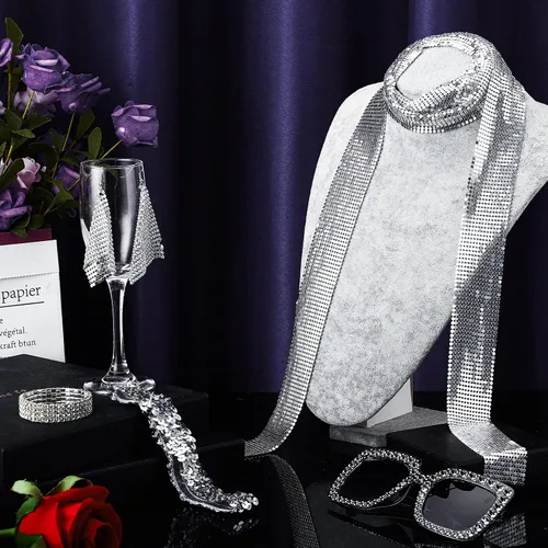 Vista 7 de Jeyiour Conjunto de 6 piezas de disfraz y accesorios de discoteca para mujer, vestido de los años 70, bufanda, pulsera, aretes, diadema, lentes