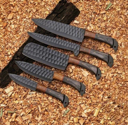 Vista 3 de Juego de cuchillos de cocina de acero de Damasco hechos a mano de 5 piezas con funda, juego de cuchillos de chef, juego de cuchillos de chef Negro