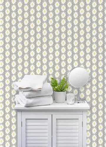 Vista 8 de Papel tapiz de grado comercial - Sueño de madera flotante gris tribal escandanavo bloque estampado Ikat enrejado gris mediados de siglo moderno