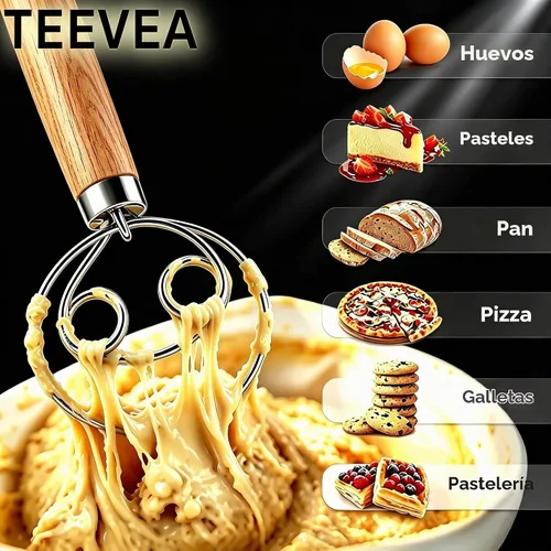 Vista 2 de TEEVEA Batidor de masa danesa Mango de madera de acero inoxidable para pan Batidor de masa de 2 ojos