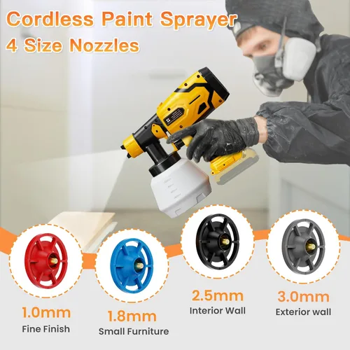 Vista 3 de Pulverizador de pintura inalámbrico para batería Dewalt de 20 V MAX, pistola de pintura en aerosol HVLP con motor sin escobillas y 4 boquillas