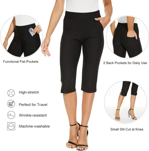 Vista 4 de Ginasy Pantalones capri para mujer, estilo casual, de verano, elegantes, elásticos, de cintura alta, con bolsillos