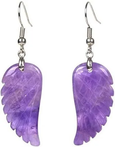 Vista 2 de Pendientes de piedra de cristal de Reiki curativa tallada amatistas lapislázuli con alas de ángel colgantes aretes de piedra LR9BJ fresa