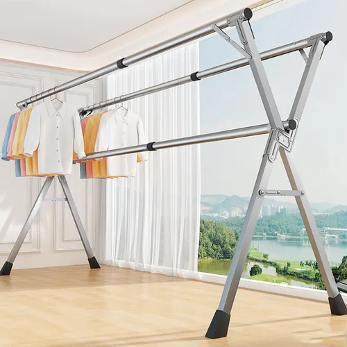 Vista 7 de Tendedero plegable para interiores de 63 pulgadas, con ruedas, estante de secado de ropa portátil de acero inoxidable resistente, estante de secado
